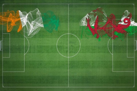 Ivory Coast vs Wales Soccer Match, national colors, national flags, soccer field, football game,