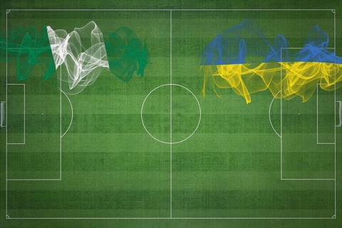 Nigeria vs Ukraine Soccer Match, national colors, national flags, soccer field, football game,