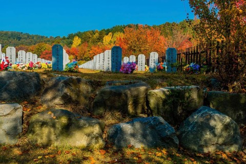 Daejeon, South Korea, November 3, 2019: Rows of headstones with background of trees in fall colors
