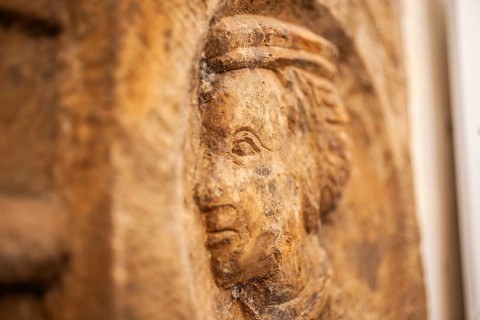 Portrait of a house owner, medieval stone relief, Arkadenhof, Leoben, Styria, Austria