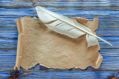Vintage paper scroll plume on blue wooden board