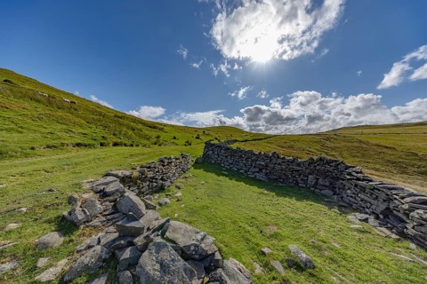 Hilly landscape with green meadows and stone wall, dry stone wall on the edge of Snowdonia National