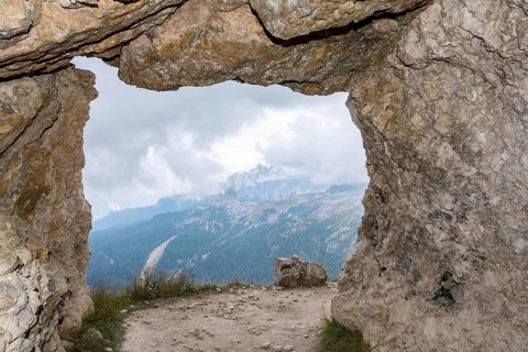View out of a loophole of the Mount Lagazuoi tunnels, built during the First World War, the