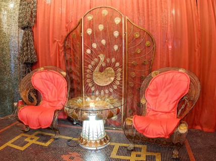 Nice metal delicate forged furniture in oriental style, peacock theme prevailing: two armchairs,