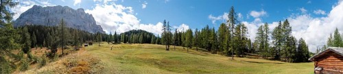 Typical alp with a hay shed in the Dolomite Alps in the Fanes Sennes Prags Nature Park, South Tirol