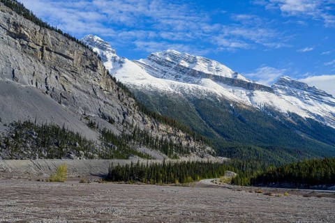 Beautiful autumn landscape scene in mountain in background in Jasper National Park west Canada