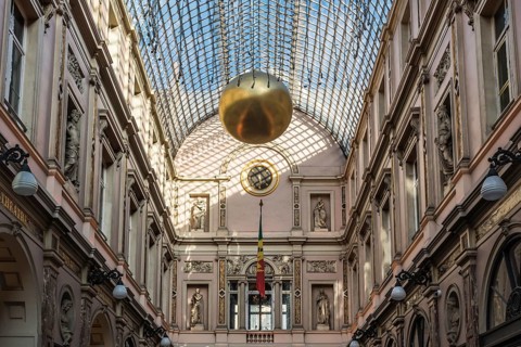 Brussels, Belgium, 12 18 2018: Glass roof and facades of the Saint Hubertus Gallery in Art Nouveau