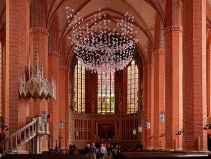 View of the altar in the church of St Bartholomäi Demmin. Mecklenburg-Western Pomerania, Germany