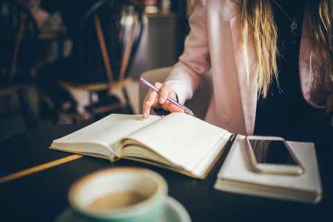 Business, education concept. Woman working in outdoor at coffee shop. Close up caucasian woman hand