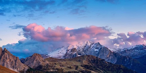 Panoramic view of snow-capped mountains in the Dolomites in Italy