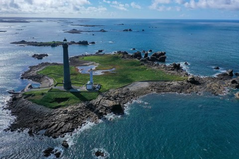 Aerial view island Ile Vierge with lighthouses Phare de l'Ile Vierge, old lighthouse from 1845 and