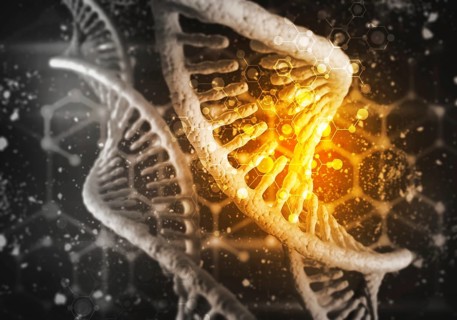 Background image with DNA molecule research concept. 3D rendering