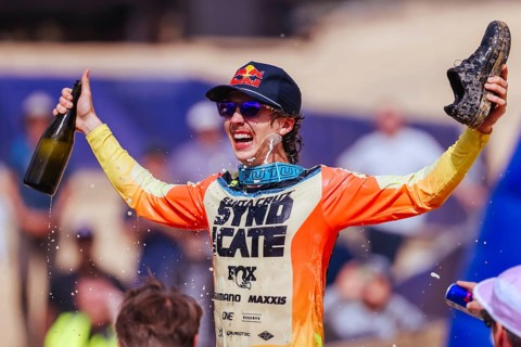 MAYDENA, AUSTRALIA - FEBRUARY 08: Jackson GOLDSTONE of Canada does a Shoey after winning Red Bull