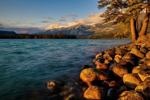 Beautiful autumn landscape scene in mountain in background in Jasper National Park west Canada