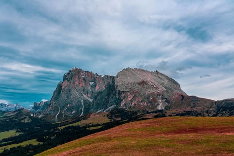 Panoramic view of the Sasso Lungo group in the Dolomites, Italy