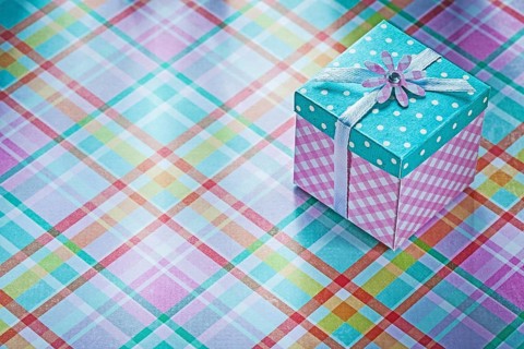 Present box on checked fabric background holidays concept