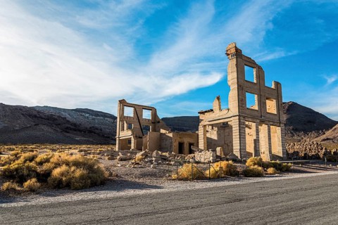 Remains of the old bank building in the ghost town Rhyolite, USA