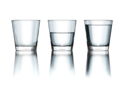 Tree water glasses empty half and full philosophy 3d illustration
