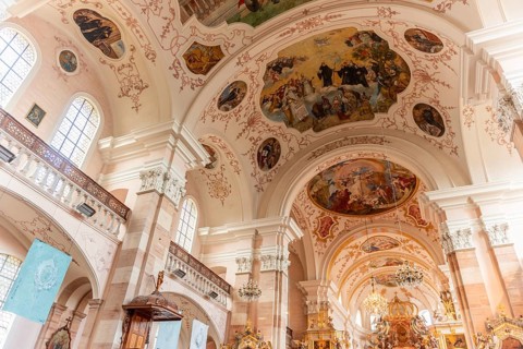 Monumental paintings of the frescoes in the nave of the Saint-Maurice abbey church. Ebersmunster,