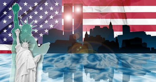 American patriotic composition of New York with Manhattan skyline and Twin Towers reflected in