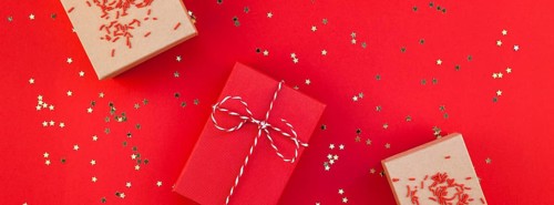 New Year or Christmas presents wrapped ribbon flat lay top view Xmas holiday 2019 celebration