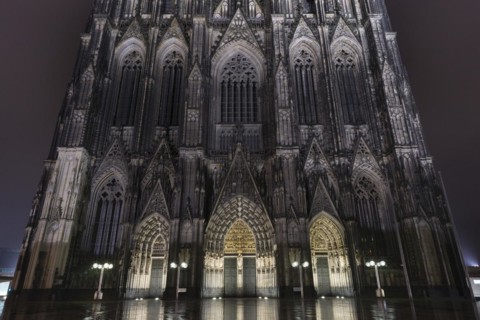 Gothic west facade of Cologne Cathedral at Night. Gothic west facade of Cologne Cathedral at Night,