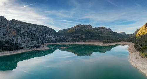 An aerial view of the picturesque Gorg Blau mountain lake and reservoir in the Serra de Tramuntana