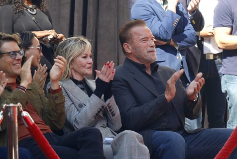 Melanie Griffith, Jason Blum, and Arnold Schwarzenegger at Jamie Lee Curtis hand and footprint in