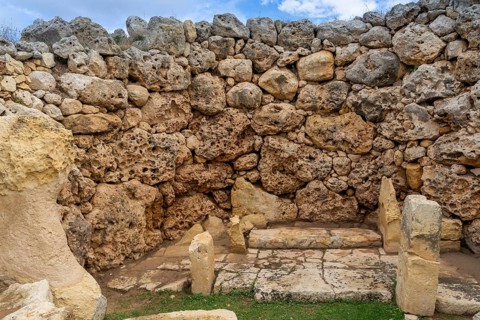 Xaghra, Malta, 20 December, 2023: detail view of the neolithic temple ruins of Ggantija on Gozo