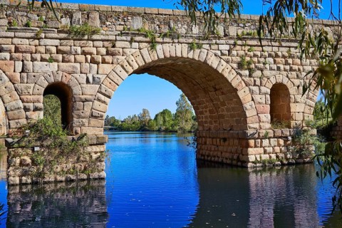 Merida in Spain roman bridge over Guadiana river Badajoz Extremadura