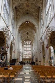 Interior view, stained glass window, Bath Abbey, Bath, England, Great Britain