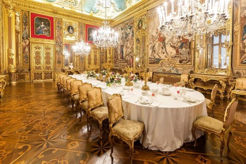 Turin, Italy, April, 2023: Royal Palace Dining Room. Luxury elegant ancient interior, circa 1860