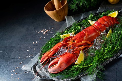 The cooked lobster on ice