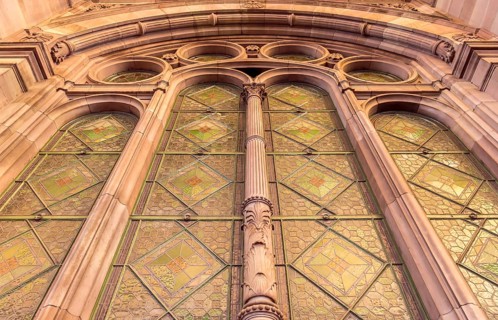 Strasbourg train station window, with huge stone columns and arch, very famous french architectural