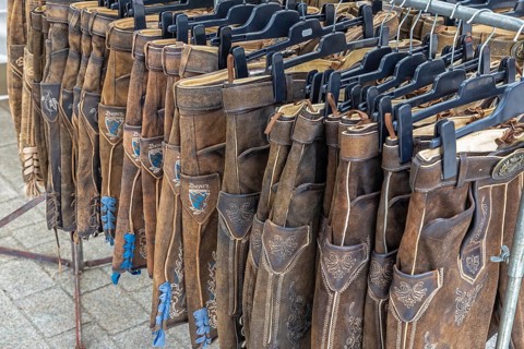 Bavarian lederhosen for sale at a market stall