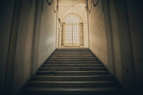 Ancient dark staircase, Grunge interior, nobody, empty building architecture, window