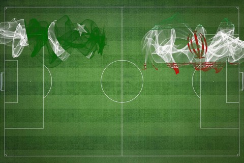 Pakistan vs Iran Soccer Match, national colors, national flags, soccer field, football game,