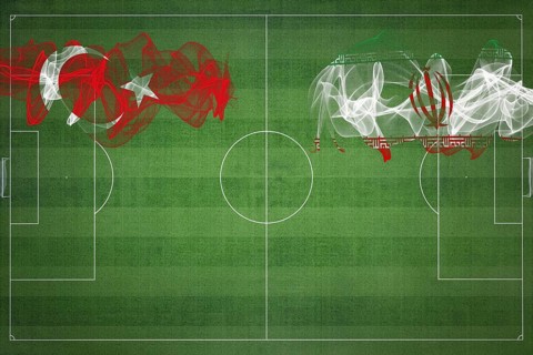 Turkey vs Iran Soccer Match, national colors, national flags, soccer field, football game,
