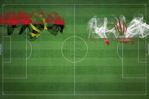 Angola vs Iran Soccer Match, national colors, national flags, soccer field, football game,