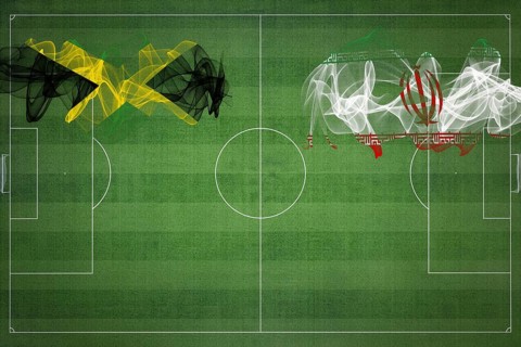 Jamaica vs Iran Soccer Match, national colors, national flags, soccer field, football game,