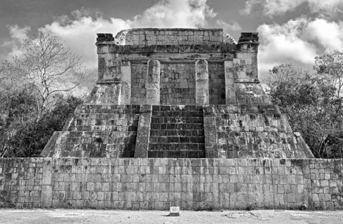 The temple of the bearded man in chichen itza in black and white the temple of the bearded man in