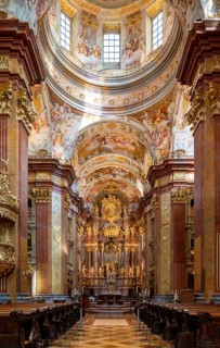 Melk, Auistria, 22 September, 2022: vertical view of the ostentatious and ornate Melk Abbey church