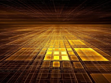 Golden tiles - abstract computer-generated 3d illustration. Fractal art - plane with glowing grid.