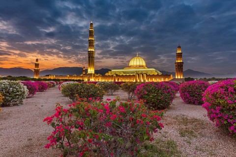 Countryside, Oman, Mosque, blue hour, Illuminated, Building, Architecture, Sultan Qabus Grand