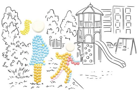 Creative medicine and healthcare concept of pills, pregnant woman walking in park with another