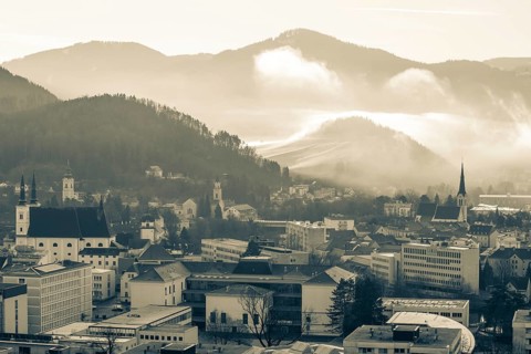 Morning atmosphere and morning fog over the Calvary, churches of Leoben, Leoben, Styria, Austria