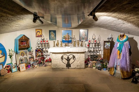 Saintes-Maries-de-la-Mer, France, 4 March, 2023: view of the crypt and altar in the Church of the