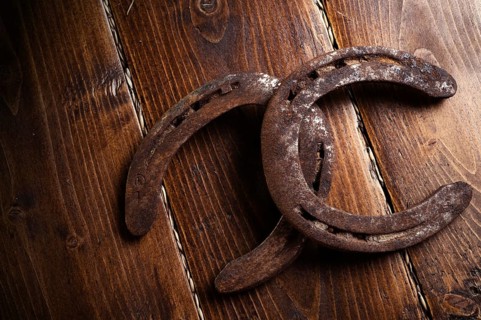 Equestrian background. Lucky old horseshoes laying at wooden background