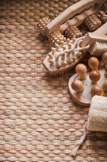 Skincare articles on wicker background healthcare concept