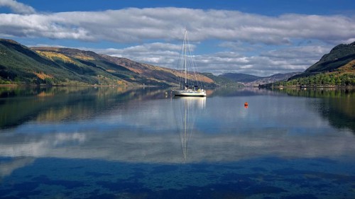 Europe, Scotland, Great Britain, England, landscape, Loch Duich, sailing boat, sea bay, Dornie
